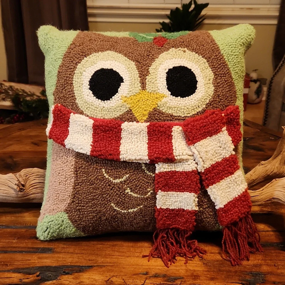 Owl holiday stitched pillow NWOT
